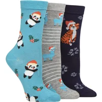 Women's 3 Pair SOCKSHOP Lazy Panda Christmas Bamboo Socks Christmas Animals 4-8