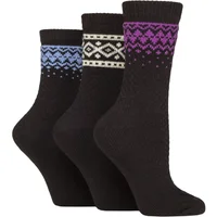 Women's 3 Pair SOCKSHOP Fair Isle Patterned Boot Socks Black 4-8