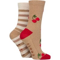 2 Pair Wildfeet Embroidered Cosy Lounge Socks Cherry Stripe 4 8
