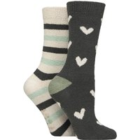 2 Pair Wildfeet Embroidered Cosy Lounge Socks Forest Green Hearts 4 8