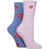 2 Pair SOCKSHOP Embroidered Cosy Lounge Socks Checker Hearts 4 8