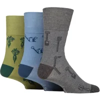 Mens 3 Pair Gentle Grip RHS Royal Horticultural Society Patterned Cotton Socks Gardening 6-11