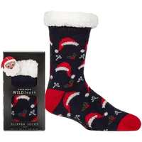 Mens 1 Pair SOCKSHOP Wildfeet Christmas Slipper Socks in Santa Patterned Gift Box Christmas Hats 7-11