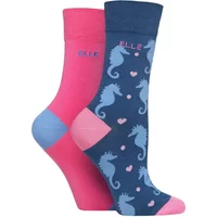 ELLE Women's 2 Pair Bamboo Patterned & Plain Socks in Dark Blue | Size: 4/8