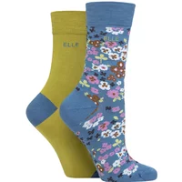 Women's 2 Pair Elle Bamboo Patterned and Plain Socks Moonlight Blue 4-8