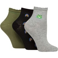 3 Pair Frill Welt Ribbed Bamboo Anklet Socks Frog 4 8