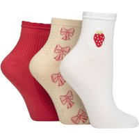 3 Pair Frill Welt Ribbed Bamboo Anklet Socks Strawberry Bows 4 8