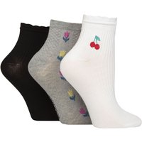 3 Pair Frill Welt Ribbed Bamboo Anklet Socks Cherry Flower 4 8