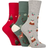 3 Pair Gentle Grip Cotton Christmas Socks Pudding Reindeer Tree 4 8