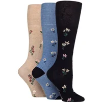3 Pair Gentle Grip Plain Patterned Cotton Knee High Socks Denim Floral 4 8