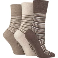 Women's 3 Pair Gentle Grip Cotton Patterned and Striped Socks Varied Stripe Brown / Neutral 4-8 Ladies