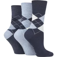 Women's 3 Pair Gentle Grip Argyle Patterned Cotton Socks Argyle Navy / Denim 4-8 Ladies