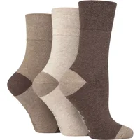 Women's 3 Pair Gentle Grip Cotton Patterned and Striped Socks Contrast Heel and Toe Brown / Neutral 4-8 Ladies