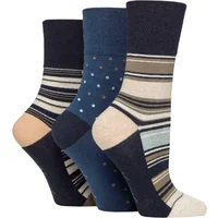 Women's 3 Pair Gentle Grip Cotton Patterned and Striped Socks Office Party Navy / Petrol 4-8