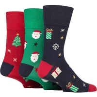 3 Pair Gentle Grip Bamboo Christmas Socks Presents Santa Trees 6 11
