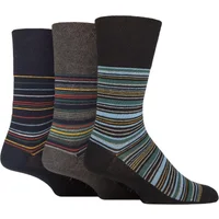 Mens 3 Pair Gentle Grip Cotton Argyle Patterned and Striped Socks Milano Stripe Black / Navy 6-11