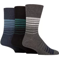 Mens 3 Pair Gentle Grip Cotton Argyle Patterned and Striped Socks Gradient Stripe Black / Navy 6-11