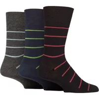 Mens 3 Pair Gentle Grip Patterned Bamboo Socks Two Tone Stripe Black / Navy 6-11
