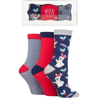 SOCKSHOP Wild Feet Women's 3 Pair Christmas Flat Gift Boxed Socks in Navy | Size: 4-8