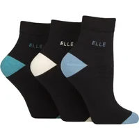 Women's 3 Pair Elle Plain, Striped and Patterned Cotton Anklets with Smooth Toes Black / Blue Contrast 4-8
