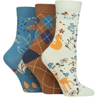 ELLE Women's 3 Pair Plain, Striped & Patterned Cotton Socks with Hand Linked Toes in Dark Indigo | Size: 4-8