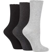 Women's 3 Pair Elle Ribbed Bamboo Socks with Scallop Top Black / Charc / Silver Grey 4-8 Ladies