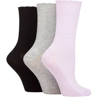 Women's 3 Pair Elle Ribbed Bamboo Socks with Scallop Top Lilac / Silver / Black 4-8 Ladies