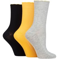 3 Pair Ribbed Bamboo Socks Scallop Top Silver Mustard 4 8