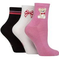 3 Pair Elle Half Cushion Bamboo Sport Anklet Socks Teddy Bows 4 8
