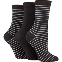 Women's 3 Pair SOCKSHOP TORE 100% Recycled Fine Stripe Cotton Socks Black 4-8 Ladies