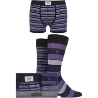 3 Pack - Trunks x 1 and Socks x 2 Pair Black / Purple / Grey Spirit Gift Boxed Mixed Striped Trunks and Socks Men's Small - Jeep