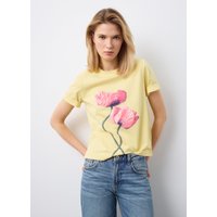 Stefanel Gelbes RundhalsTShirt aus reiner Baumwolle Regular Fit mit Blumen Damen Gelb