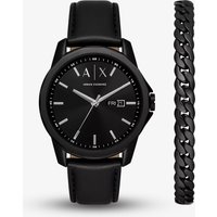 Armani Exchange Three-Hand Day-Date Black Leather Watch and Black Stainless Steel Bracelet Set