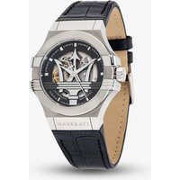 Maserati Potenza Men's Skeleton Logo Dial Black Leather Strap Watch
