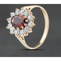 Second Hand 9ct Yellow Gold Garnet & Cubic Zirconia Oval Cluster Ring 41104491