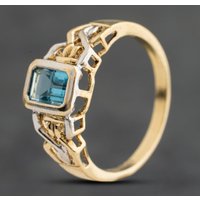 Second Hand 9ct Yellow Gold Blue Topaz Oblong With Patterned Shoulders Dress Ring 41104789