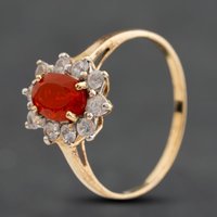 Second Hand 9ct Yellow Gold Fire Opal & Cubic Zirconia Flower Cluster Ring 41104813