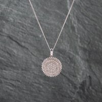 Second Hand 9ct White Gold Diamond Three Tier Pave Circle Pendant & 18 Inch Curb Chain 41142689