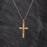 Second Hand 9ct Yellow Gold Patterned Cross Pendant & 18 Inch Curb Chain 41143462