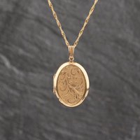 Second Hand 9ct Yellow Gold Oval Hand Engraved Locket Pendant & 18 Inch Curb Chain 41143521