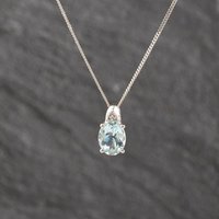 Second Hand 9ct White Gold Pale Aquamarine & Diamond Pendant & 18 Inch Curb Chain 41143569