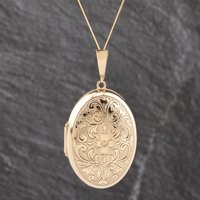 Second Hand 9ct Yellow Gold Oval Patterned Locket Pendant & 18 Inch Curb Chain 41143606