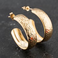 Second Hand Yellow Gold Diamond Cut Spray Pattern Hoop Earrings 41173395