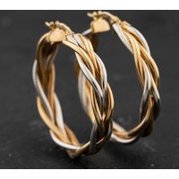 Second Hand 9ct Two Colour Gold Woven 30mm Hoop Earrings 41174432