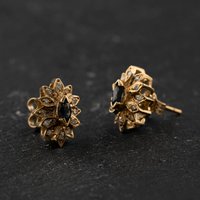 Second Hand Yellow Gold Dark Blue Topaz & 0.12ct Diamond Marquise Cluster 11mm Stud Earrings 41174612