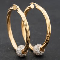 Second Hand 9ct Yellow Gold 48mm Cubic Zirconia Set Twist And Ball Hoop Earrings 41174695