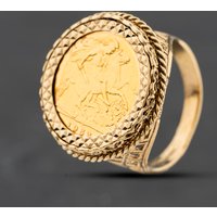 Second Hand 9ct Yellow Gold Queen Elizabeth II 1982 Half Sovereign Coin Ring 41201305