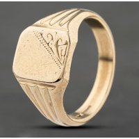 Second Hand 9ct Yellow Gold Rectangle Part Engraved Signet Ring 41342003