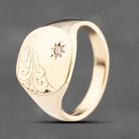 Second Hand 9ct Yellow Gold Diamond Part Engraved Cushion Signet Ring 41342169