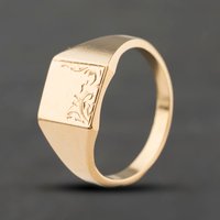 Second Hand 9ct Yellow Gold Square Half Engraved Signet Ring 41342491